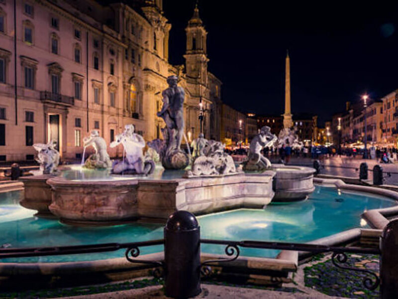 Rome Italy, February 8 2019-Navona square (Piazza Navona) at night.The famous square with the wonderful fountains and the historical buildings.