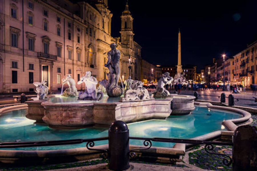 Rome Italy, February 8 2019-Navona square (Piazza Navona) at night.The famous square with the wonderful fountains and the historical buildings.